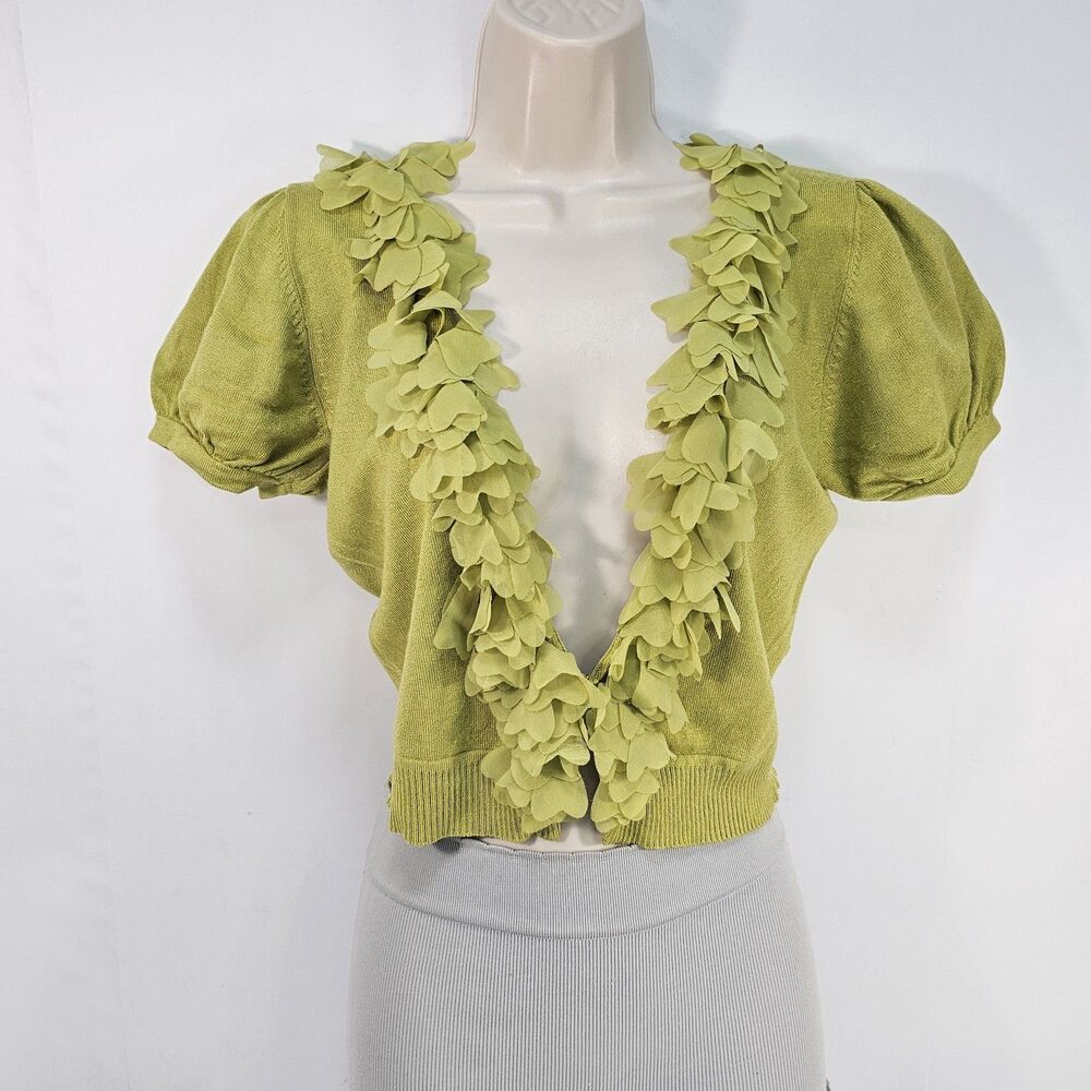 Y2K One 7 Six Green Ruffle Trim Short Puff Sleeve Crop Knit Cardigan Sweater S